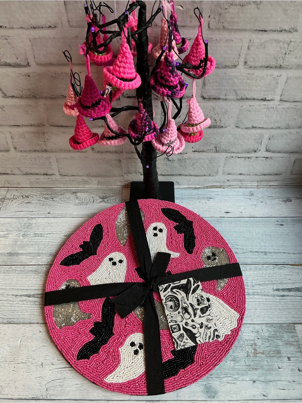 Tahari Set of 2 Pink Beaded Ghost & Bat Halloween Placemats